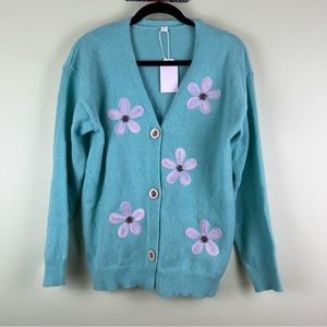 NWT Beaded Daisy Sz Large Teal Blue Green Knit Floral Sweater Cardigan